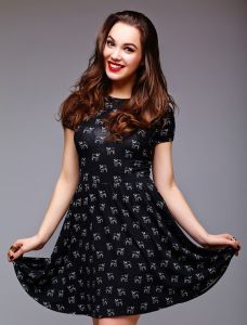 Ladies Black Printed Casual Wear Skater Dress