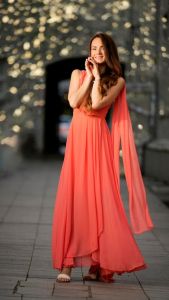 Ladies Coral Pink Party Wear Sleeveless Flare Gown