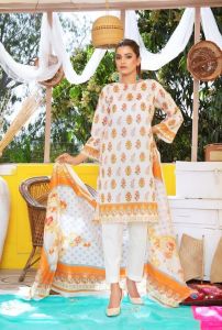Ladies Cream Printed Kurti Pant Dupatta Set