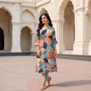Ladies Multicolor Abstract Printed Kurti Pant Set