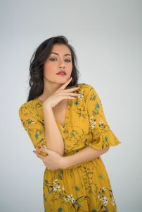 Ladies Mustard Floral V Neck Midi Dress