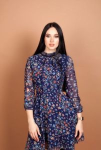 Ladies Navy Floral High Neck A Line Dress