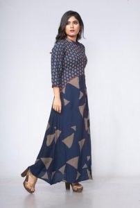 Ladies Navy Printed Anarkali Long Kurti Dress