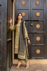 Ladies Olive Printed Kurti Pant Dupatta Set