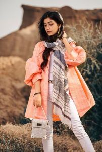 Ladies Peach Designer Long Shrug Jacket