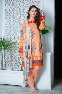Ladies Peach Printed Casual Wear Kurti Pant Dupatta Set