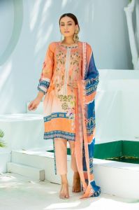 Ladies Peach Printed Ethnic Wear Kurti Pant Dupatta Set
