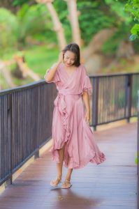 Ladies Pink Casual Wear Wrap Style Midi Dress