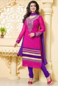 Ladies Pink Embroidered Churidar Suit Dupatta Set