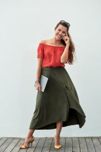 Ladies Red & Green Casual Wear Top Skirt Set