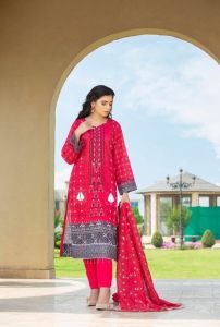 Ladies Red Embroidered Kurti Pant Dupatta Suit Set
