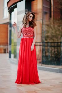 Ladies Red Party Wear Embroidered Flare Gown