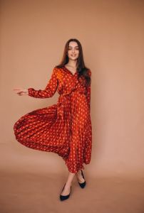 Ladies Rust Printed Pleated Midi Dress