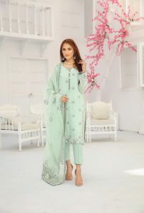 Ladies Sea Green Embroidered Kurti Pant Dupatta Set