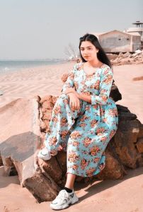Ladies Sky Blue Floral Anarkali Maxi Dress
