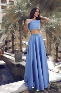 Ladies Sky Blue Glam Crop Top Maxi Skirt Set