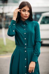Ladies Teal Button Down A Line Shirt Dress