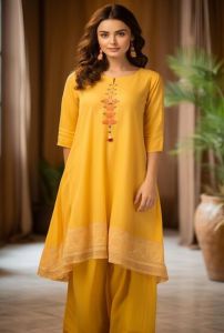 Ladies Yellow Embroidered Kurti Palazzo Set