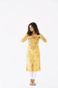 Ladies Yellow Embroidered Straight Cotton Kurti