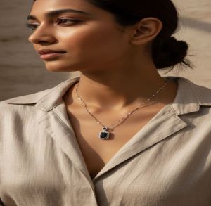 Silver Plated Emerald Cut Black Gemstone Pendant Necklace