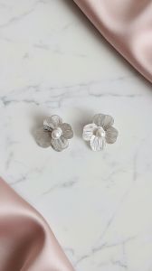 Silver Toned Floral Stud Earrings with Pearl