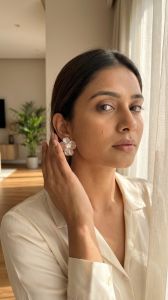 Silver Toned Floral Stud Earrings with Pearl