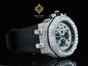 Black Leather Strap Diamond Look Moissanite Watch
