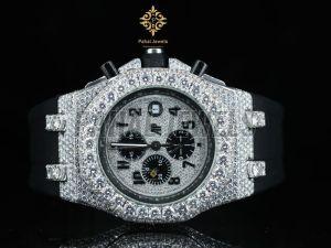 Black Leather Strap Diamond Look Moissanite Watch