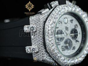 Black Leather Strap Diamond Look Moissanite Watch