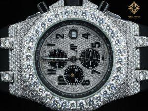 Black Leather Strap Diamond Look Moissanite Watch