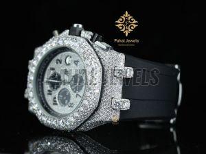 Black Leather Strap Diamond Look Moissanite Watch