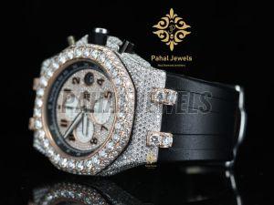 Leather Strap Iced Out Party Wear Watch