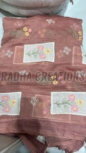 Dusty Rose Floral Frame Embroidery Fabric