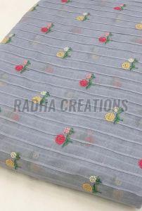 Grey Striped Floral Buti Embroidery Fabric