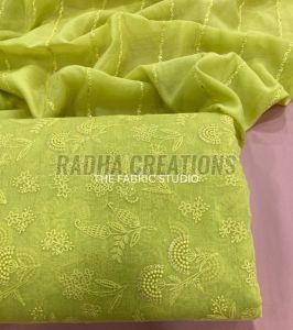 Lime Green Self Floral Embroidery Fabric