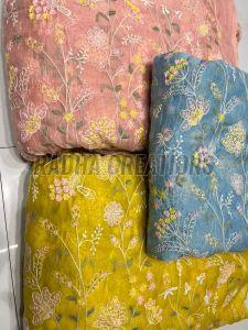 Mustard Floral Thread Embroidery Fabric