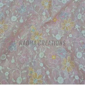 Pastel Pink Multicolor Floral Embroidered Designer Fabric