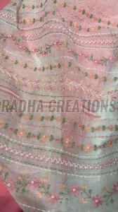 Pink Floral Stripe Embroidery Organza Fabric