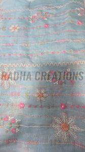 Sky Blue Striped Floral Embroidery Fabric
