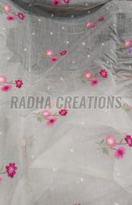 Soft Ivory Floral Butti Embroidered Sheer Fabric