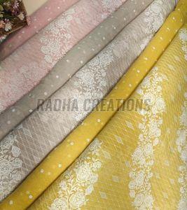 Yellow Floral Jaal Embroidery Fabric