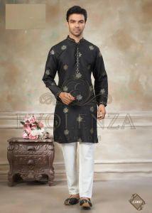 Black Ethnic Motif Embroidered Kurta Set for Men