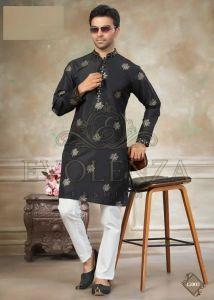 Black Ethnic Motif Embroidered Kurta Set for Men