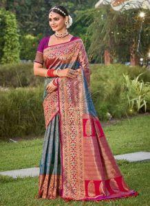 Blue Pink Rajvanshi Elegance Banarasi Silk Saree