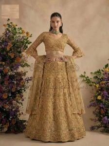 Gold Beige Butterfly Net Bridal Lehenga Choli
