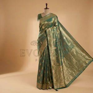 Green Stellar Shimmer Swarovski Silk Saree