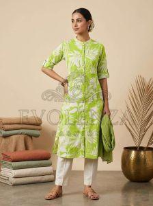 Green Tropical Print A-Line Kurti