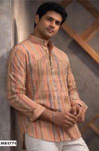 Men Cotton Striped Printed Short Kurta