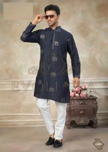 Navy Blue Ethnic Motif Embroidered Kurta Set for Men