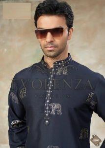 Navy Blue Ethnic Motif Embroidered Kurta Set for Men